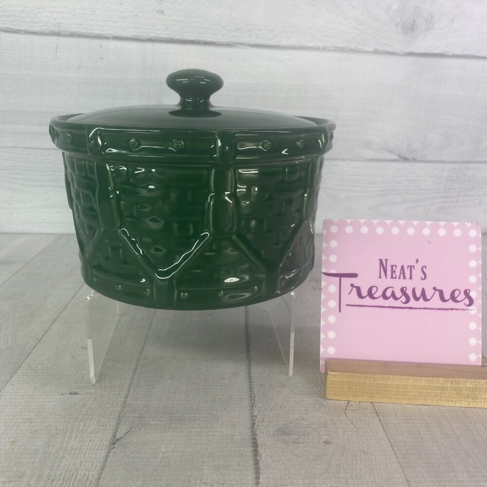 Longaberger Pottery WOVEN DRUM Ivy Green Traditions Embossed 4" Lidded Crock